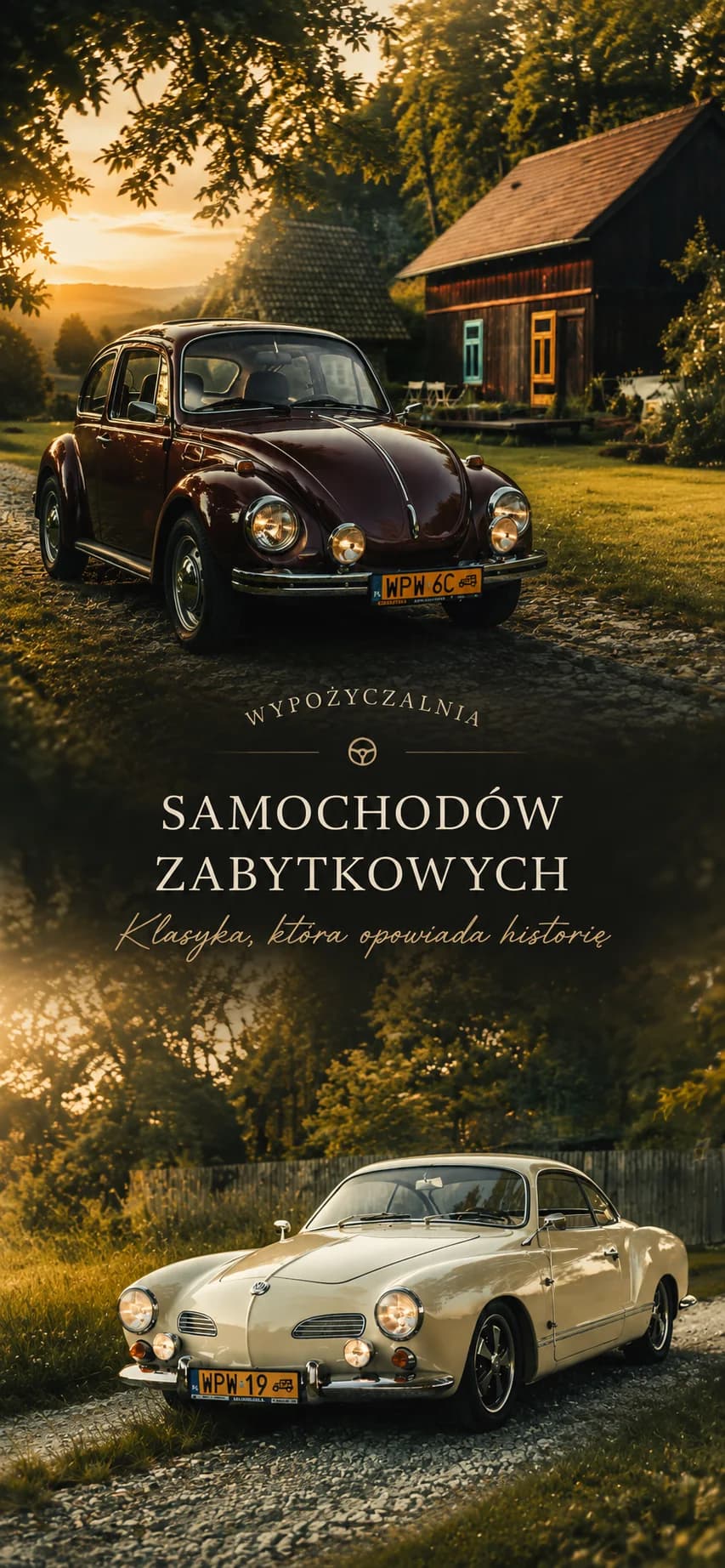 Plakat kolekcji Garbusy z brązowym Garbusem i kremowym Karmannem Ghia